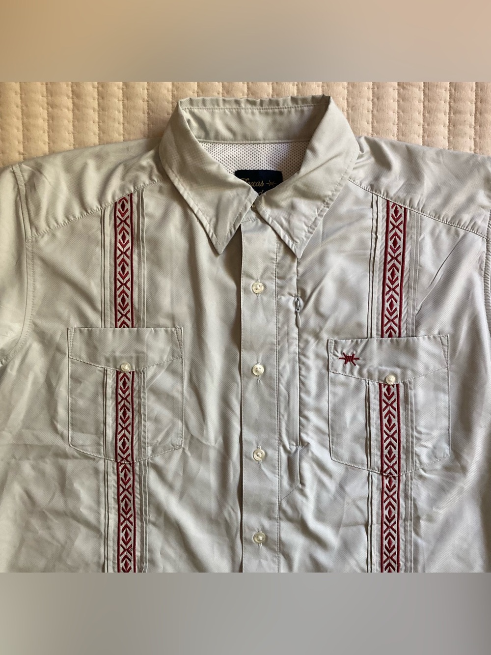 Texas Standard Guayabera Shirt Men’s Medium Gray Maroon Lightweight Breathable